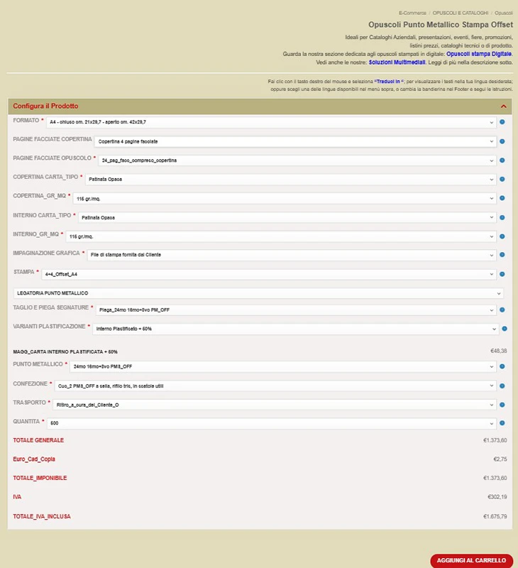 Example of UnigrafPrint product configurator customer-side with simplified interface and clean design.