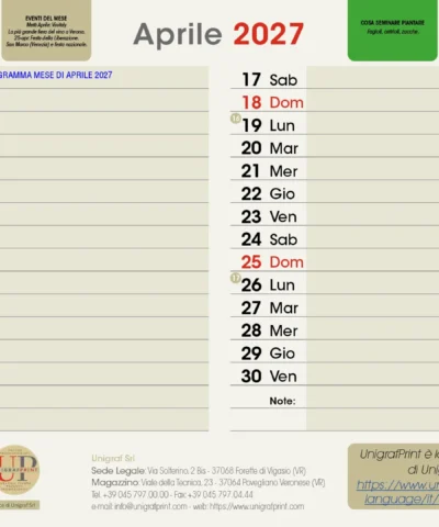 Esempio mese di Aprile Agenda mensile editabile | UnigrafPrint