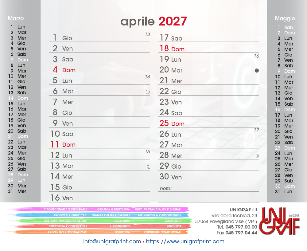 Mois d'avril Calendrier de bureau 2027 | UnigrafPrint