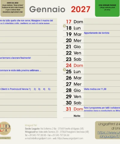 Esempio mese di Gennaio Agenda mensile editabile | UnigrafPrint