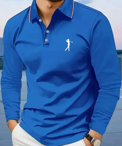 Casual men's polo shirt with long sleeves, breathable and comfortable, suitable for striped printed graphics and golf player gra - immagine 10