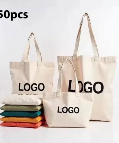 50pcs Bulk Wholesale Cotton Canvas Tote Bag Custom Logo Printed Sublimation Reusable Shopping Bags High Quality Shopping Bags