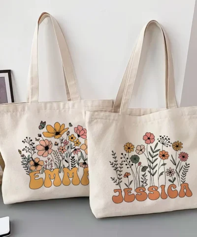 Personalized Custom Name Flower Canvas Tote Bag for Women, Monogram Shoulder Shopping Bag, Perfect Birthday Wedding Gift for Her