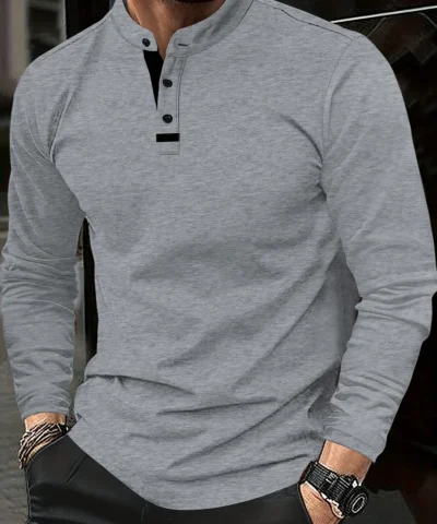 A Stylish Men's Round-Neck Plain Splicing Polo Shirt That Is Suitable for Summer, Autumn, and Winter, and Can Be Worn at Home