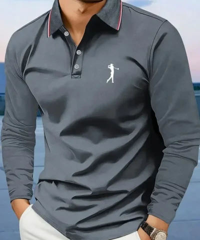 Casual men's polo shirt with long sleeves, breathable and comfortable, suitable for striped printed graphics and golf player gra - immagine 9