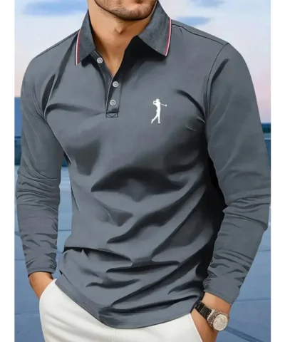 Casual men's polo shirt with long sleeves, breathable and comfortable, suitable for striped printed graphics and golf player gra - immagine 6