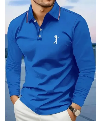 Casual men's polo shirt with long sleeves, breathable and comfortable, suitable for striped printed graphics and golf player gra - immagine 3