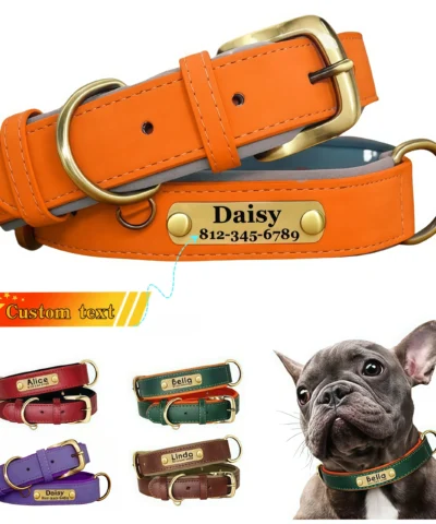 Customizable Leather Dog Collars Personalized Engraved Nameplate, Soft Padded Collar with Custom ID Tag, Adjustable for All Pet