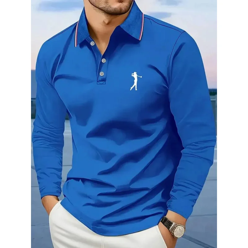 Casual men's polo shirt with long sleeves, breathable and comfortable, suitable for striped printed graphics and golf player gra - immagine 5