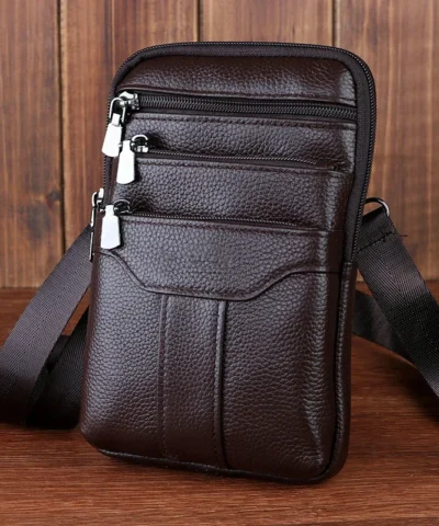 Mens Shoulder Bag Cell Phone Crossbody Purse Phone Holster Case Genuine Leather Belt Waist Bags Pouch Small Messenger Slim Bag