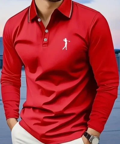 Casual men's polo shirt with long sleeves, breathable and comfortable, suitable for striped printed graphics and golf player gra - immagine 8