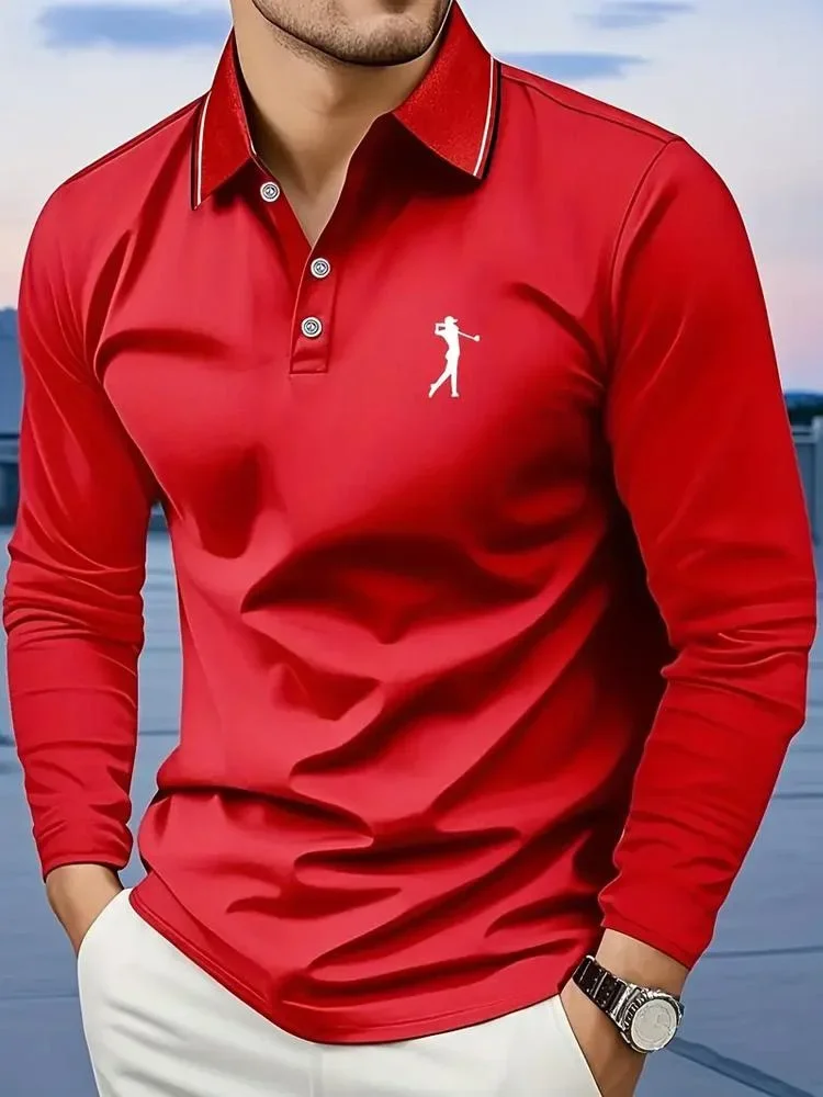 Casual men's polo shirt with long sleeves, breathable and comfortable, suitable for striped printed graphics and golf player gra - immagine 8
