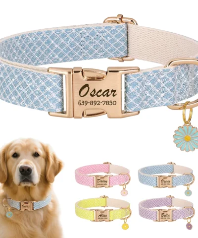 Custom Bling Nylon Dog Collar Free Engraved Puppy Dog ID Name Collars With Cute Flower Tag Accessory For Small Medium Dogs Cats