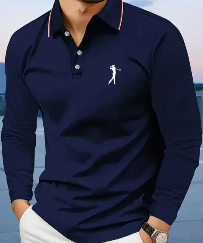 Casual men's polo shirt with long sleeves, breathable and comfortable, suitable for striped printed graphics and golf player gra - immagine 7