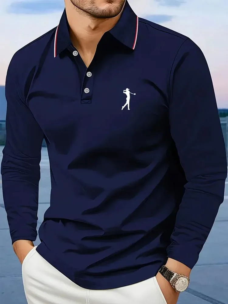 Casual men's polo shirt with long sleeves, breathable and comfortable, suitable for striped printed graphics and golf player gra - immagine 7