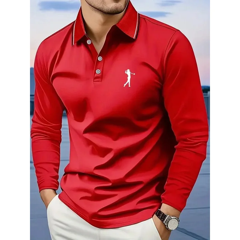 Casual men's polo shirt with long sleeves, breathable and comfortable, suitable for striped printed graphics and golf player gra - immagine 2