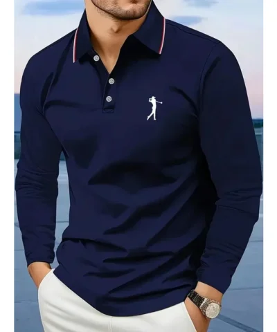 Casual men's polo shirt with long sleeves, breathable and comfortable, suitable for striped printed graphics and golf player gra
